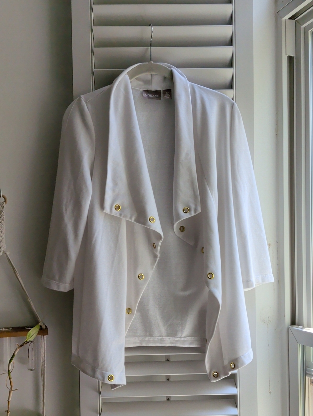Chico's White Draped Open-Front Jacket with Gold Buttons